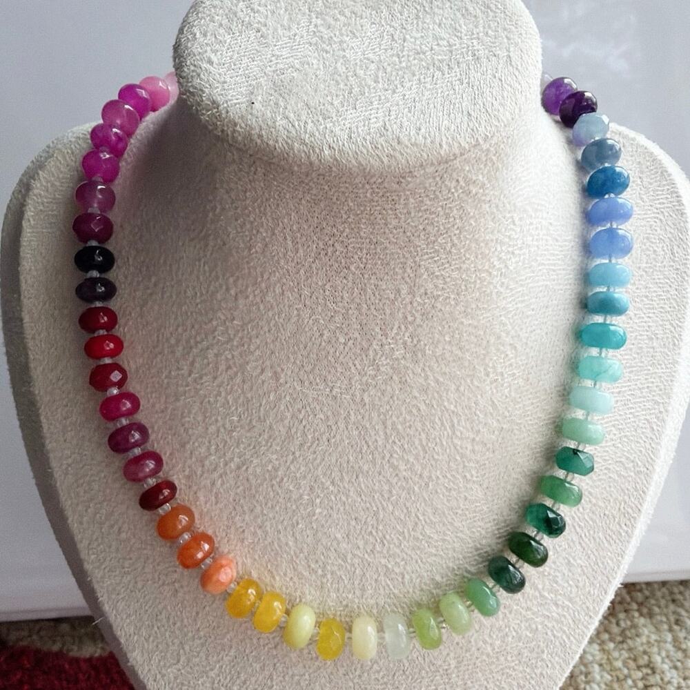 Ombre Rainbow Gemstone Necklace, Semi-Precious, Silver Tone Hardware, 16"